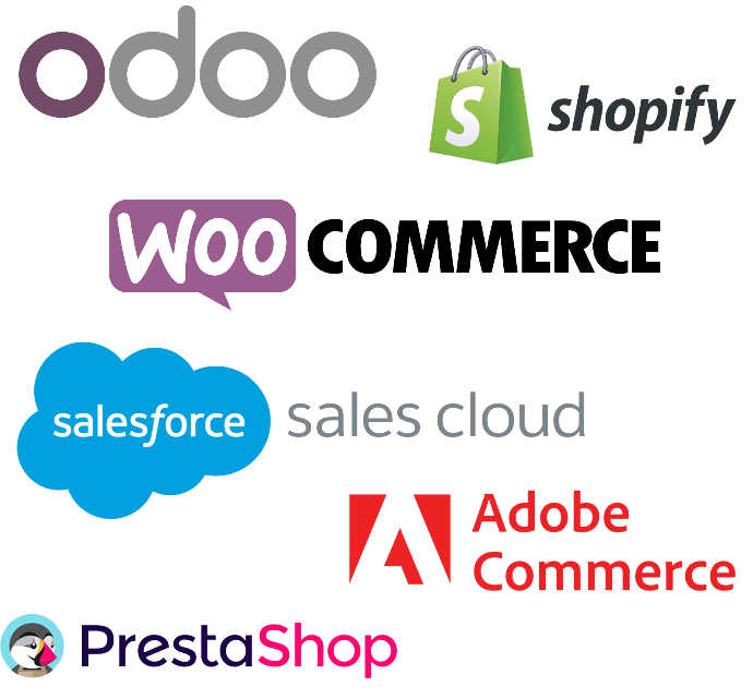 Odoo-Integration, Shopify, Woocommerce, Salesforce, Adobe Commerce, Magento, Prestashop